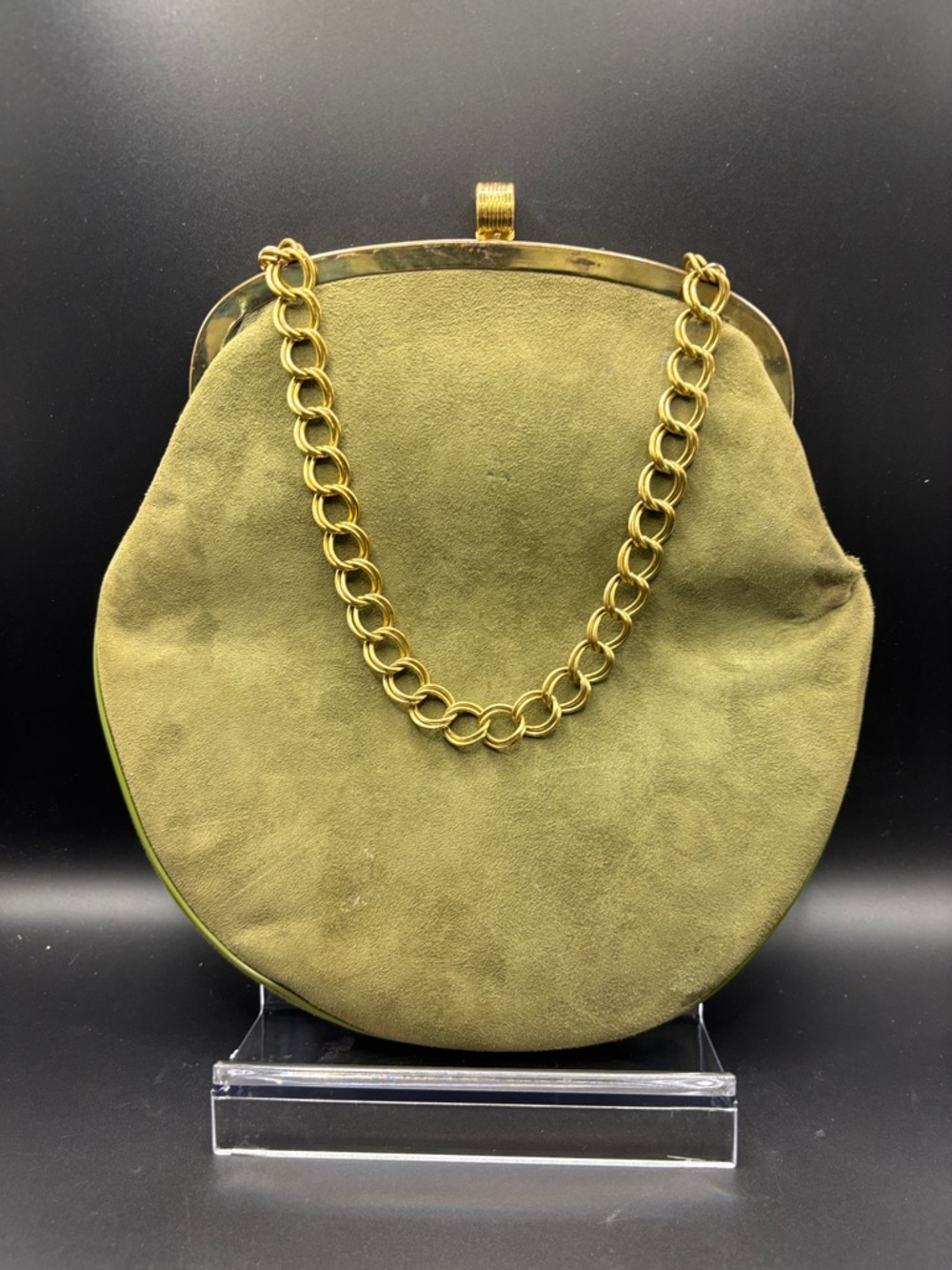 Olive Suede Round Clutch with Gold Chain Strap